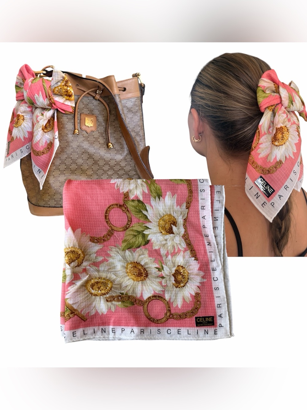 Celine Pink Floral Silk Hair Scarf Daisy Motif Hair Bow Bag Accessory Bandana